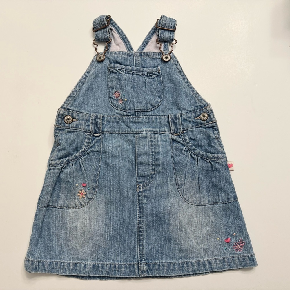 Oshkosh Overalls Jumper Dress Denim Jeans Embroidered Flowers Floral 18 Months